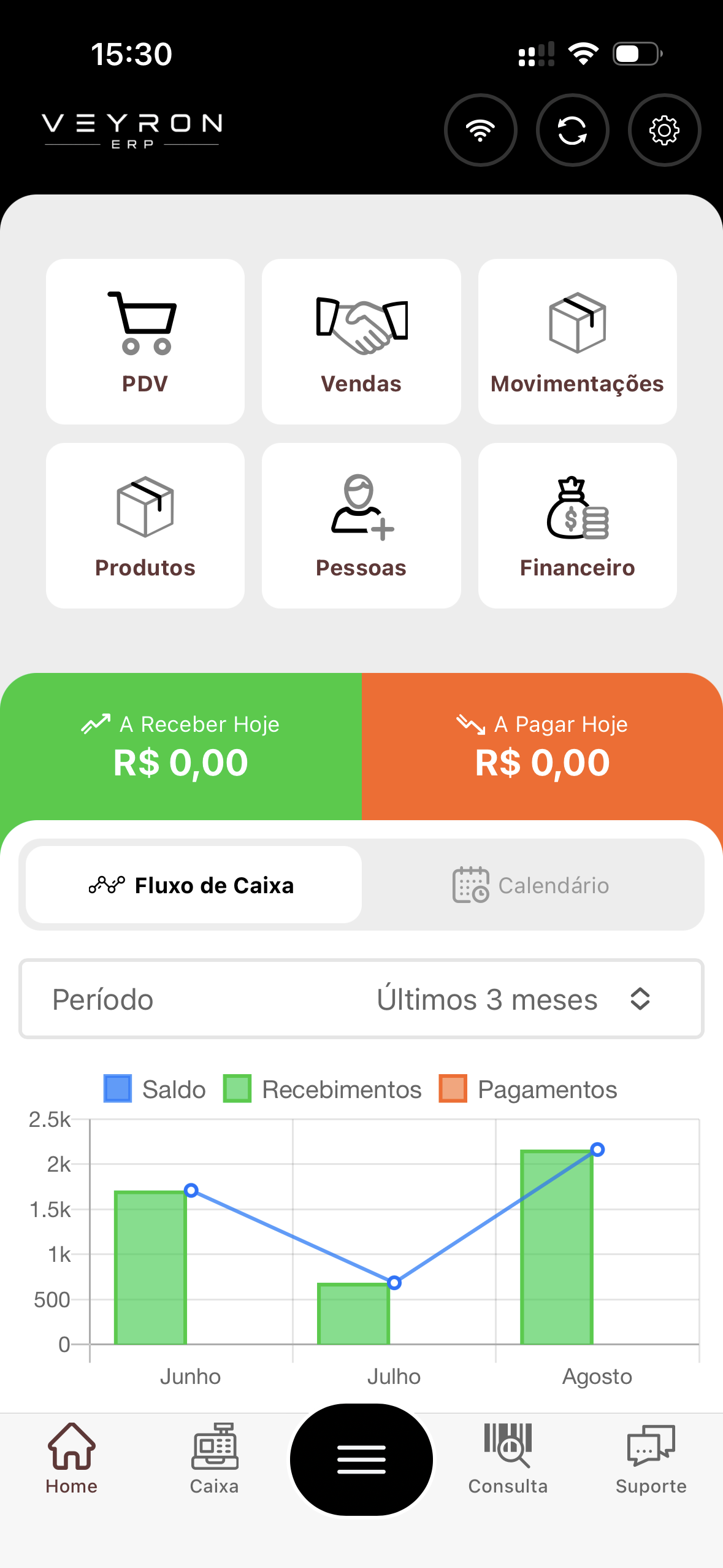 App do vendedor Veyron no celular: atalhos de vendas, produtos e financeiro, contas do dia e fluxo de caixa